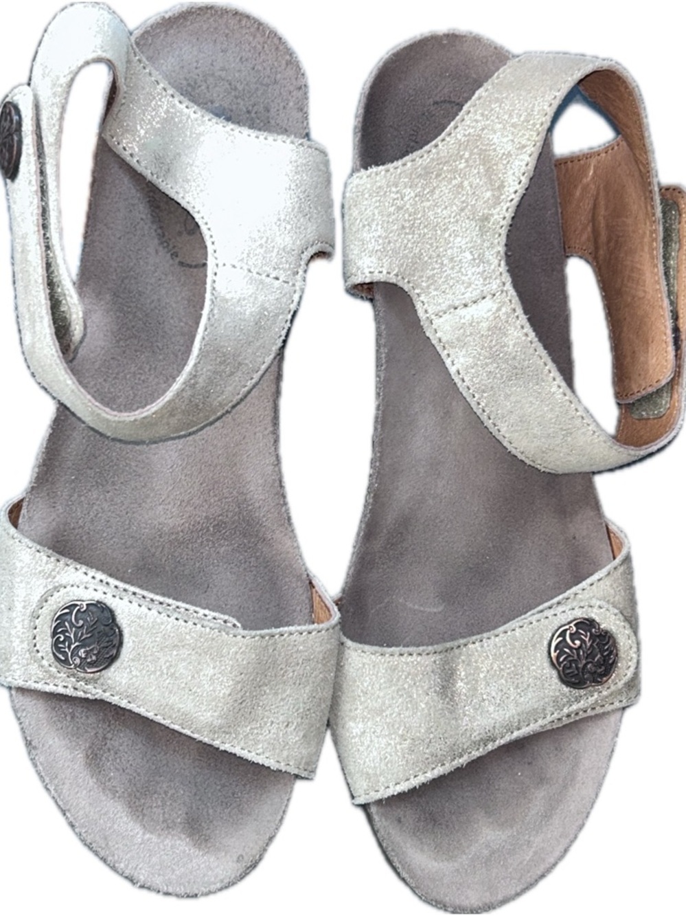 Taos Festival 4048 Metallic Shimmery Gold Wedge Velcro Leather Suede Sandals 37 - Picture 4 of 11